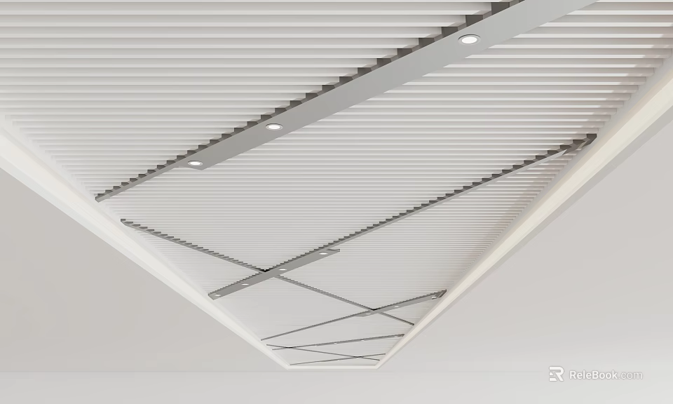 Modern Suspended Ceiling Design With Linear Panels Recessed Lights And Cross Frames 3d model 