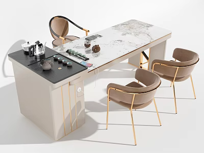 Modern Luxury Tea Table and Chairs with Marble Top Golden Legs and Tea Sets 3d model