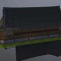 Traditional Japanese House with Sloped Tile Roof Wooden Structure and Green Grass Area