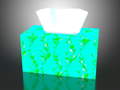 Turquoise Decorative Tissue Box With Green Leaf Pattern And White Tissues 3d model