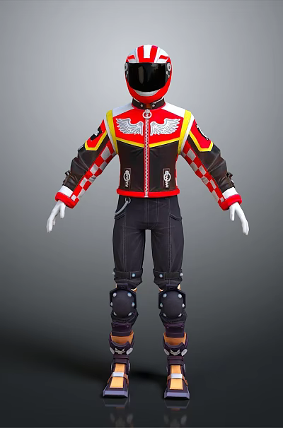 Game Movie Character With Red Helmet Red Black Jacket Black Pants Knee Pads White Gloves 3d model