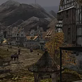 Cartoon Medieval Town Scene With Pointed Roof Houses Mountain Background Autumn Trees Horses And Pedestrians