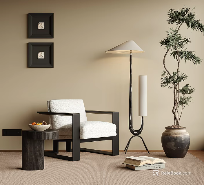 White Upholstered Accent Chair With Black Frame Side Table Floor Lamp And Potted Tree 3d model 