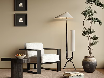 White Upholstered Accent Chair With Black Frame Side Table Floor Lamp And Potted Tree 3d model
