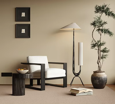 White Upholstered Accent Chair With Black Frame Side Table Floor Lamp And Potted Tree 3d model