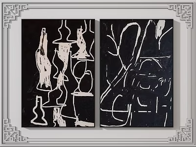 Abstract Black And White Art Paintings With White Lines On Black Background In Decorative Frames 3d model