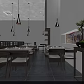 Modern Open Layout Restaurant Interior With Dark Tables Chairs Hanging Lights And Wall Art