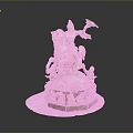 Golden Man Sculpture Riding Horse Holding Colorful Object Surrounded By Small Figurines On Circular Base