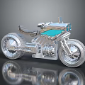 Silver Metallic Modern Motorcycle With Blue Accents Large Wheels And Black Seat
