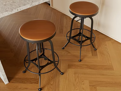 Two Wooden Seat Bar Stools With Black Metal Frames By Countertop On Wooden Floor 3d model