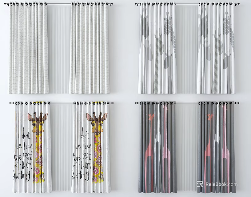 Stylish Curtains Featuring Striped Giraffe And Arrow Patterns In White Gray Yellow 3d model 