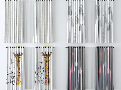 Stylish Curtains Featuring Striped Giraffe And Arrow Patterns In White Gray Yellow 3d model