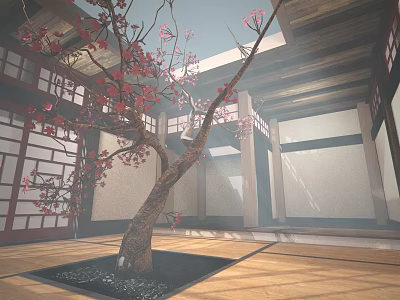 Indoor Garden Landscape With Cherry Blossom Tree Traditional Wooden Structure Shoji Doors And Natural Light 3d model