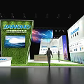 JIANGHO Exhibition Booth Design With Blue White Displays Digital Screens And Green Grass Decor