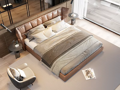 Modern Double Bed With Leather Headboard Gray White Bedding Nightstand And Floor Lamp In Bedroom 3d model