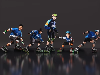 Group of Men Rollerblading with Helmets and Knee Pads on Reflective Dark Surface 3d model