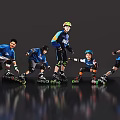 Group of Men Rollerblading with Helmets and Knee Pads on Reflective Dark Surface