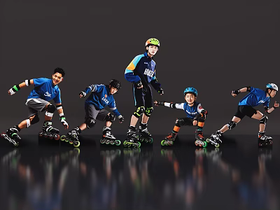 Group of Men Rollerblading with Helmets and Knee Pads on Reflective Dark Surface 3d model