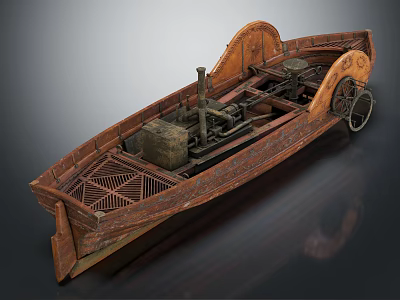 Vintage Wooden Boat Model With Intricate Carvings And Mechanical Components 3d model