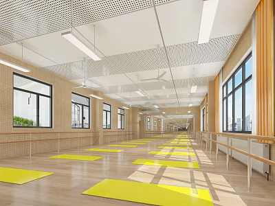Spacious Fitness Studio with Yellow Yoga Mats Wooden Floors Barre and Large Windows 3d model