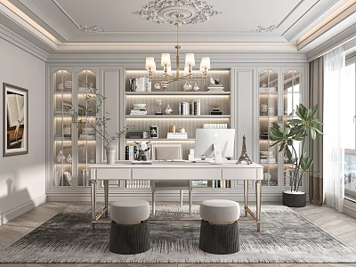 Elegant Modern Study Room Interior With White Desk Computer Bookshelves Books And Plants 3d model