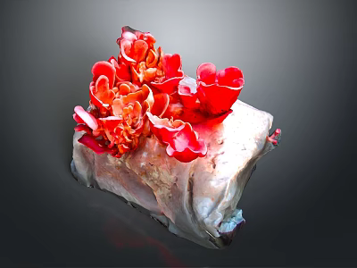 Red Coral Mushrooms With Flower Shaped Structure On Natural Stone Base 3d model