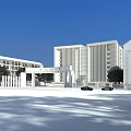 Modern School Campus Buildings With Main Gate Green Lawn Trees And Clear Blue Sky