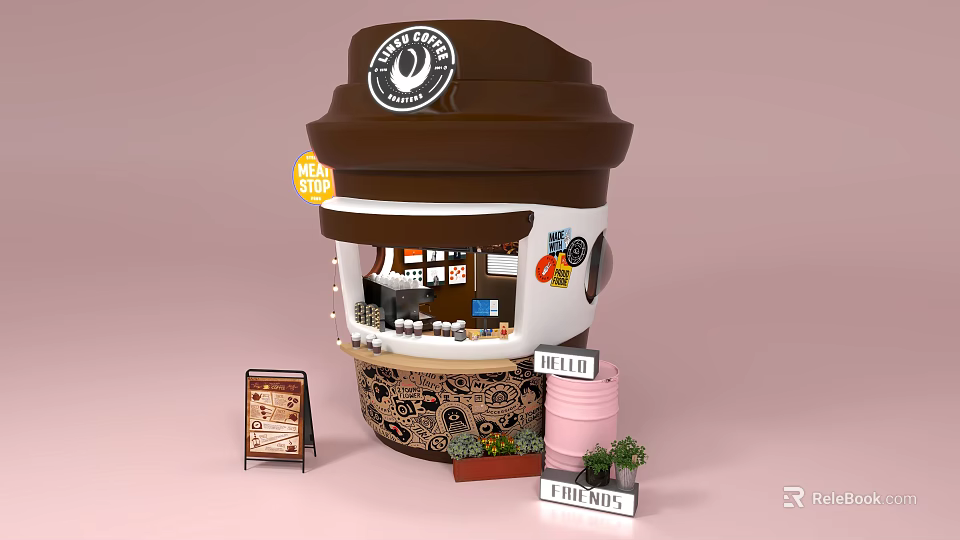 Coffee Cup Shaped Interactive Zone With New Shop Sign Menu Board And Green Plants 3d model 