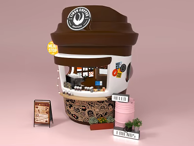 Coffee Cup Shaped Interactive Zone With New Shop Sign Menu Board And Green Plants 3d model