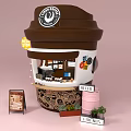 Coffee Cup Shaped Interactive Zone With New Shop Sign Menu Board And Green Plants