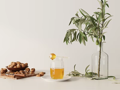Decorative Ornament Set With Glass Honey Jar Dipper Walnuts And Olive Branch Vase 3d model
