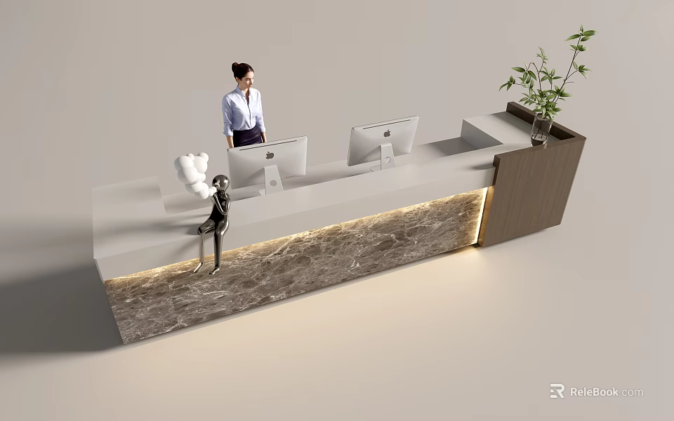 Modern Reception Desk with Receptionist Computer Monitors Potted Plant Marble Texture Wooden Accents and Lighting 3d model 