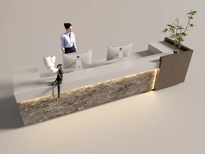 Modern Reception Desk with Receptionist Computer Monitors Potted Plant Marble Texture Wooden Accents and Lighting 3d model