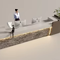 Modern Reception Desk with Receptionist Computer Monitors Potted Plant Marble Texture Wooden Accents and Lighting