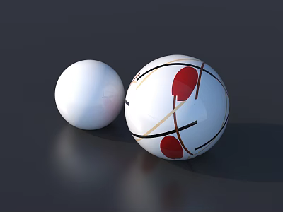 Stylish Decorative Ornament Set Two Spherical Pieces White Sphere Black Lines Red Accent Design 3d model