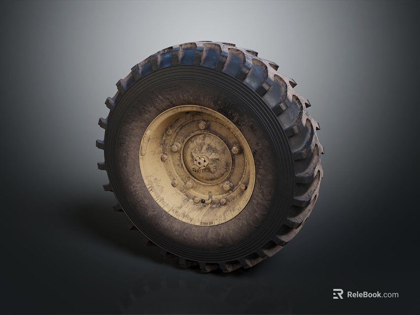 Large Industrial Tire With Deep Tread And Worn Metallic Rim On Dark Background 3d model 