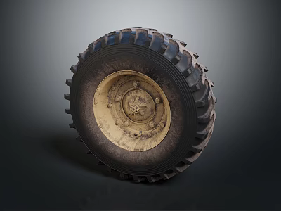 Large Industrial Tire With Deep Tread And Worn Metallic Rim On Dark Background 3d model