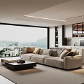 Modern Open Concept Living And Dining Area With Large Window Sofa And Coffee Table