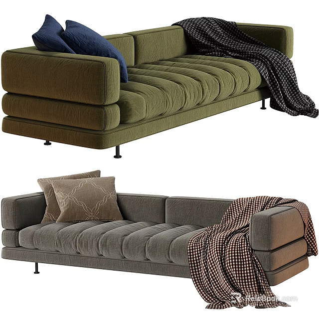Modern Green and Gray Sectional Sofa with Tufted Design Pillows and Blankets 3d model