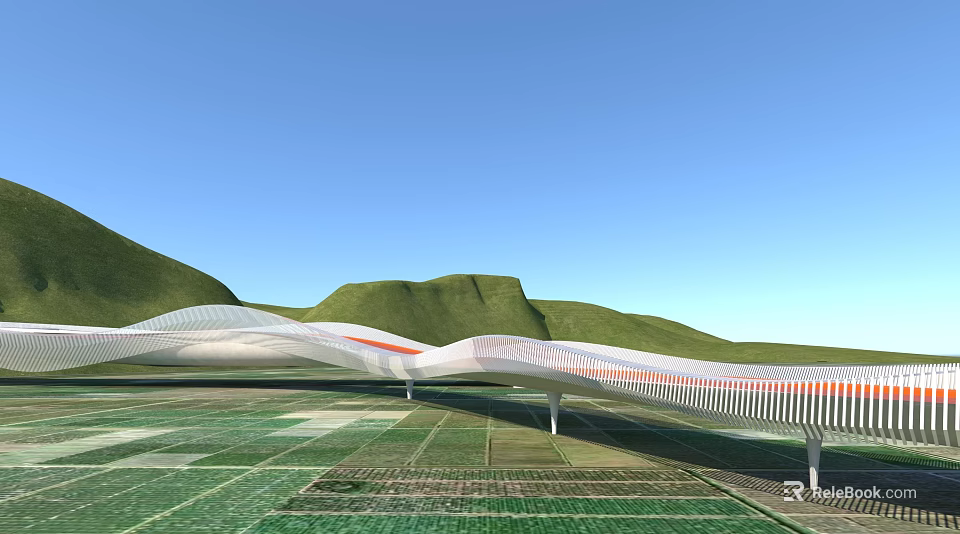 Modern Landscape Bridge With White Curved Structure Red Accents Green Hills And Blue Sky 3d model 
