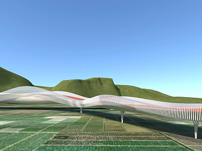 Modern Landscape Bridge With White Curved Structure Red Accents Green Hills And Blue Sky 3d model