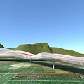 Modern Landscape Bridge With White Curved Structure Red Accents Green Hills And Blue Sky