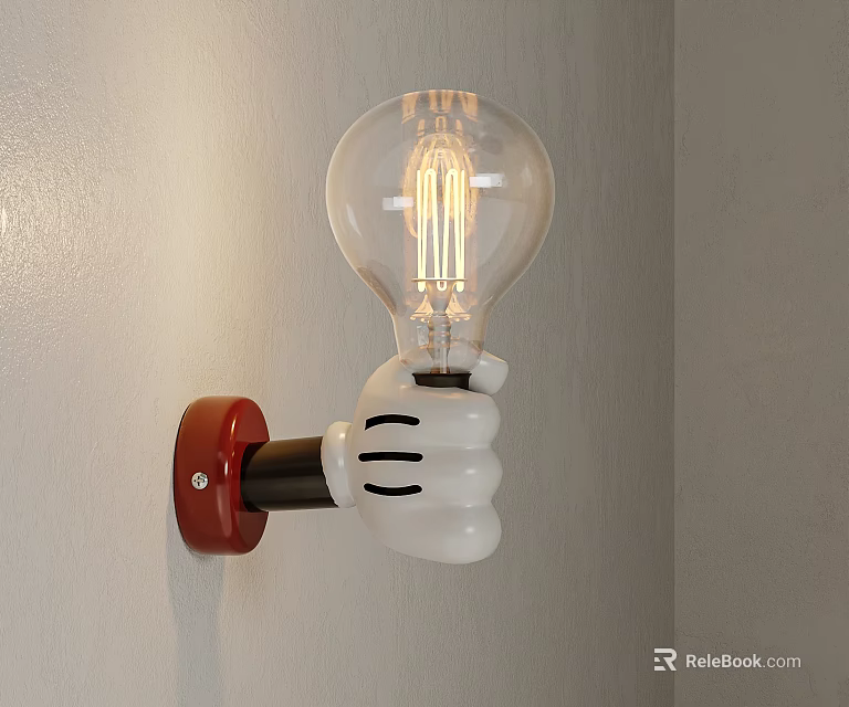 Mickey Mouse Hand Shaped Wall Lamp with Clear Glass Bulb Red Base White Hand Design 3d model 