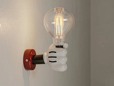 Mickey Mouse Hand Shaped Wall Lamp with Clear Glass Bulb Red Base White Hand Design 3d model