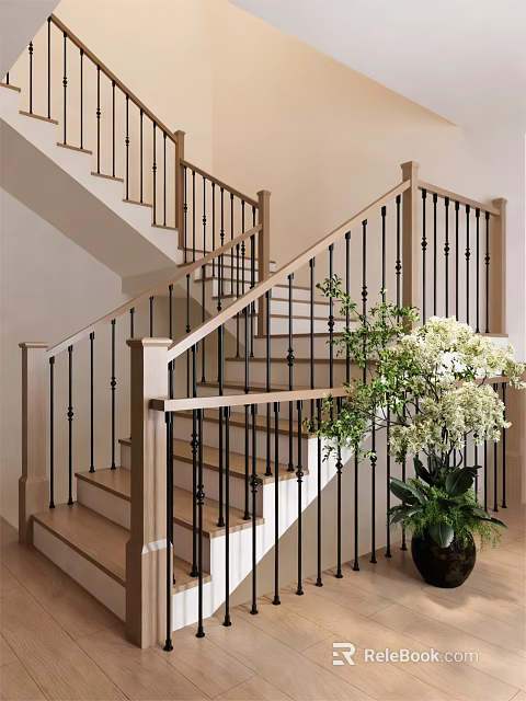 Wooden Staircase With Black Metal Railings In Modern Interior With Green Plant 3d model 