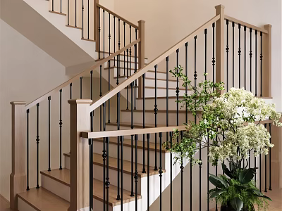 Wooden Staircase With Black Metal Railings In Modern Interior With Green Plant 3d model