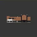 Red Brick Buildings Two Rows Central Road Paved Ground Yellow Lines And Small White Structure