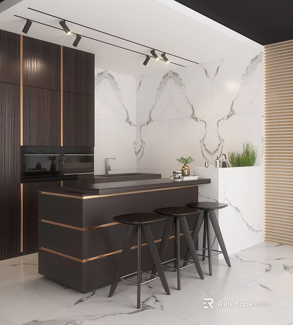 Modern Bar Counter With Dark Cabinets Marble Wall And Black Stools 3d model