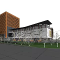 Modern Office Building With Orange Grid Facade White Exterior And Surrounding Trees Lawn