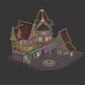 Cartoon Medieval Village Scene with Pointed Roofs Wooden Houses Lit Windows and Central Square Fountain
